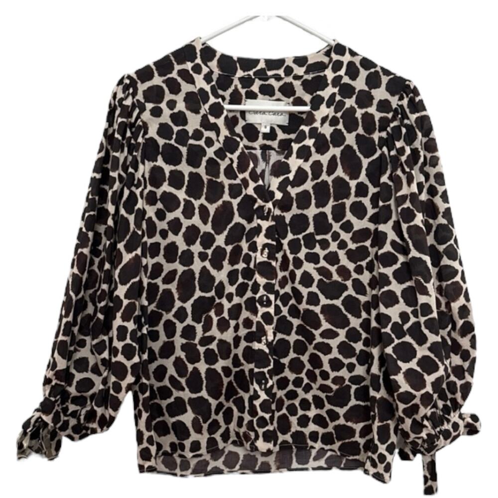 Cara Cara V Neck Blouse animal print cuff ties brown tan small